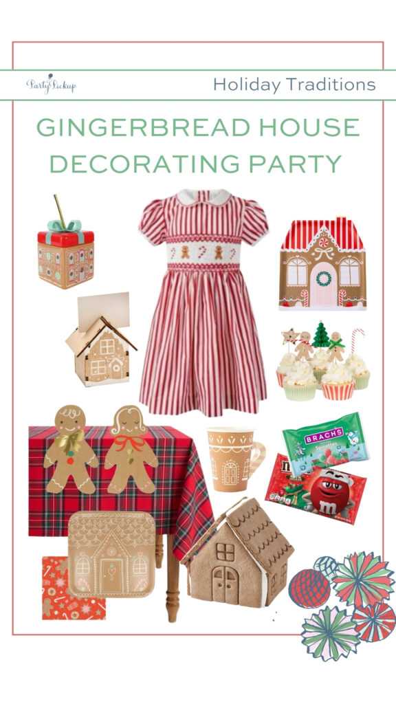 Gingerbread house party supplies and decorations including tableware, festive props, and fun treats for a holiday kids’ party.