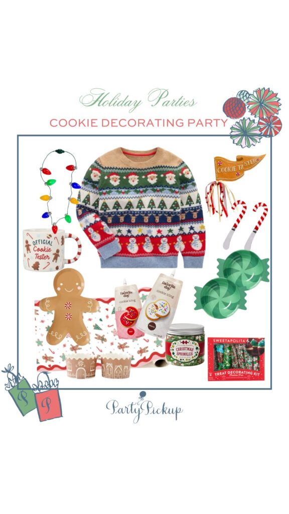 Festive Christmas cookie decorating party setup for kids with cozy holiday sweaters, colorful icing spreaders, Christmas-themed tableware, gingerbread cookie toppings, and other fun party supplies for a merry baking day.