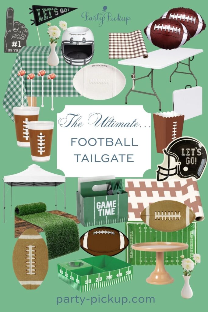 Ultimate football tailgate setup with folding tables, football decor, game-day cups, platters, pennants, and party essentials