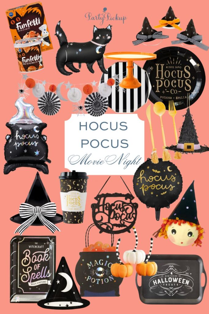 Hocus Pocus themed party collage featuring Halloween tableware, festive decorations, and fun party favors for a family-friendly movie night.