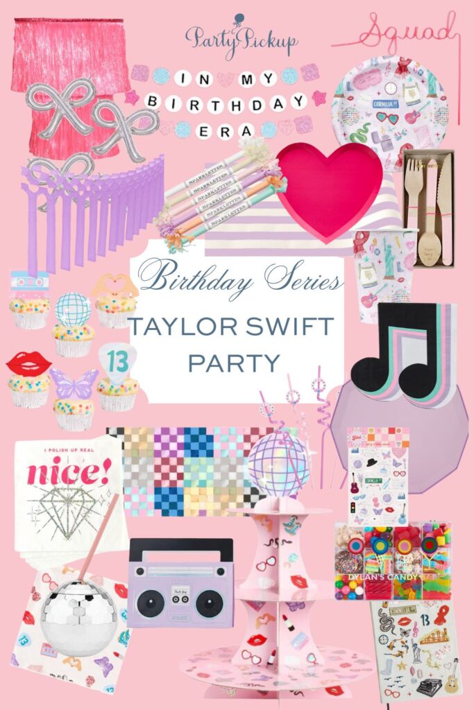 Taylor Swift birthday party product collage featuring themed tableware, party decorations, fun favors, and menu ideas to help plan a teen Taylor Swift party.
