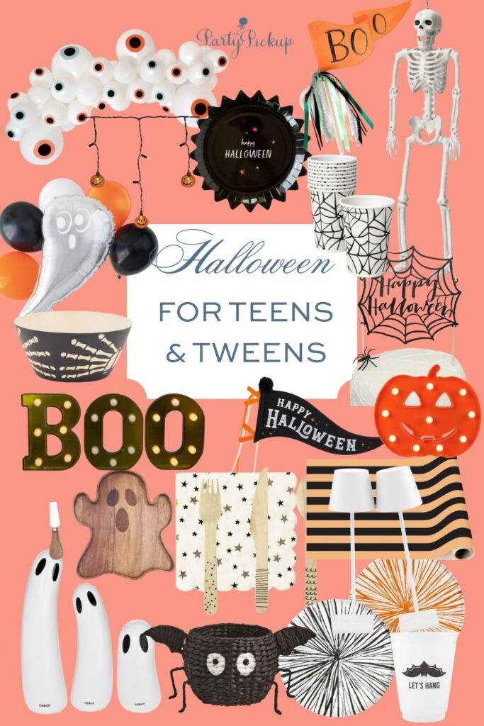 Halloween party product collage for teens featuring a poseable skeleton, festive Halloween plates and napkins, themed cups, spooky balloons and decorations, a balloon garland, and other fun party supplies.