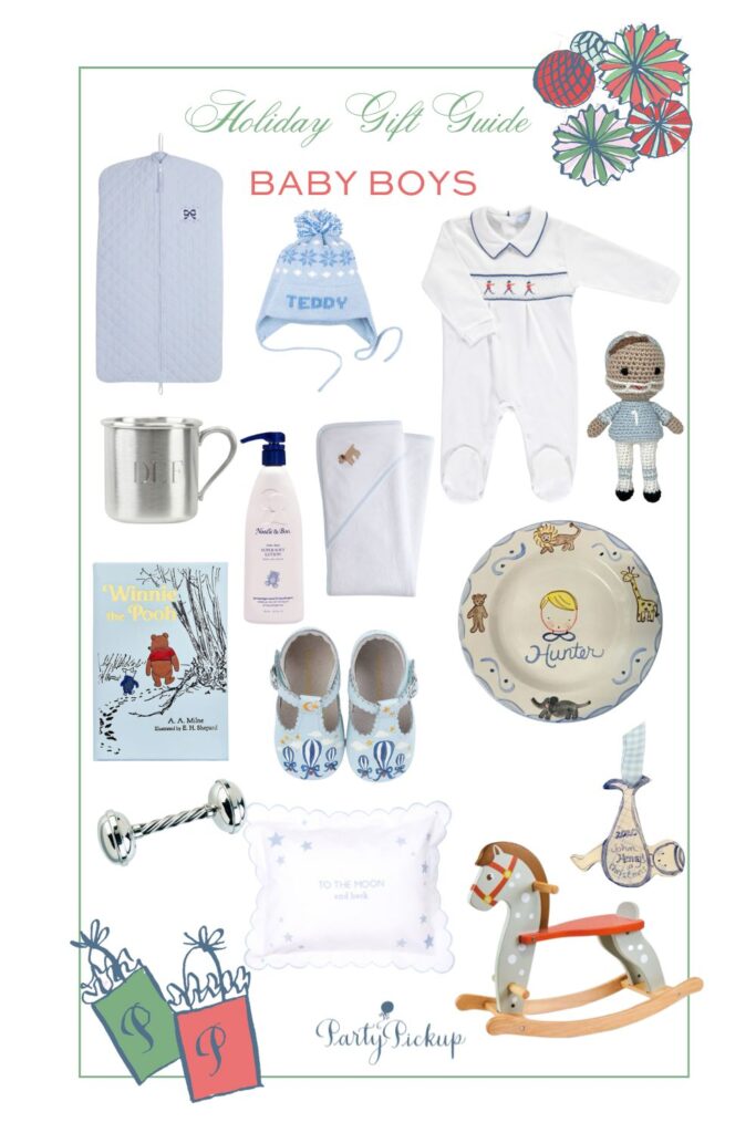 Christmas gift guide for baby boys ages 0–1 featuring classic keepsakes and practical essentials. 