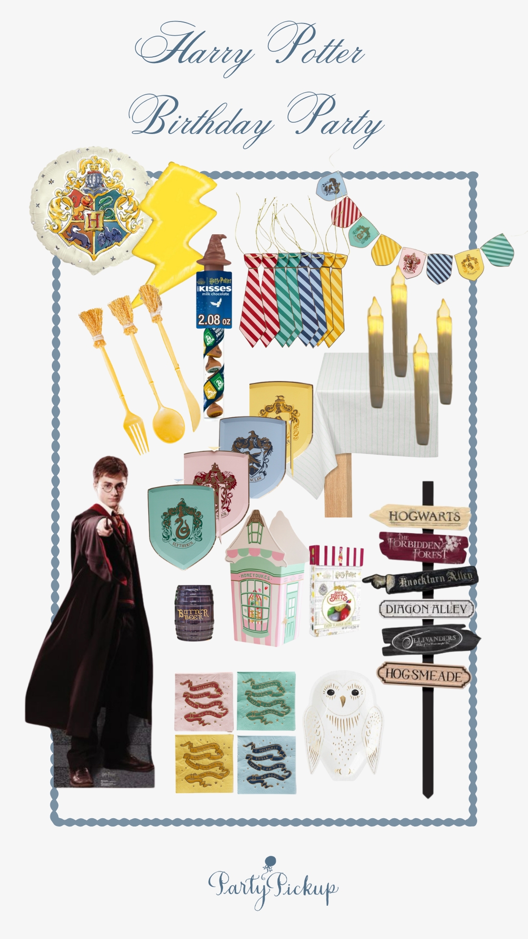 Harry Potter birthday party inspiration featuring themed decorations, a Harry Potter cardboard cutout, Hogwarts tableware, Honeydukes candy boxes, and simple party supplies for a magical celebration.