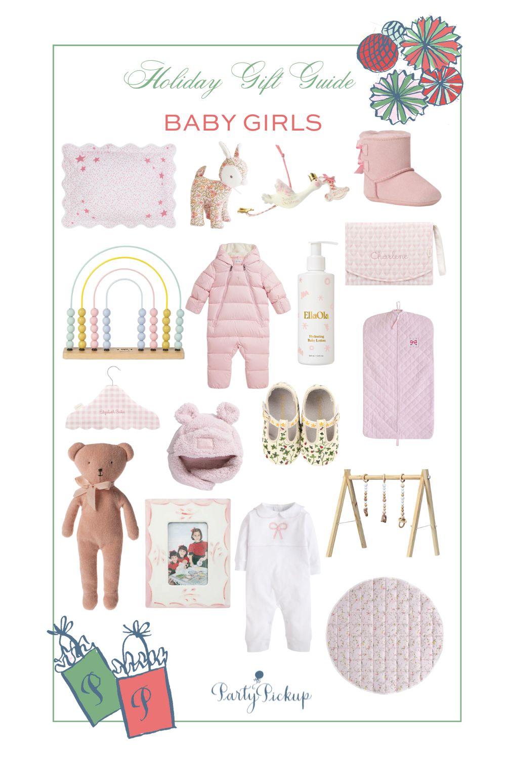 Christmas gifts for baby girls ages 0–1, including a pima blanket, winter baby bunting, Ugg baby boots, wooden baby gym, sterling baby rattle, baby lovie, cardigan, teddy bear, picture frame, and more holiday gift ideas.