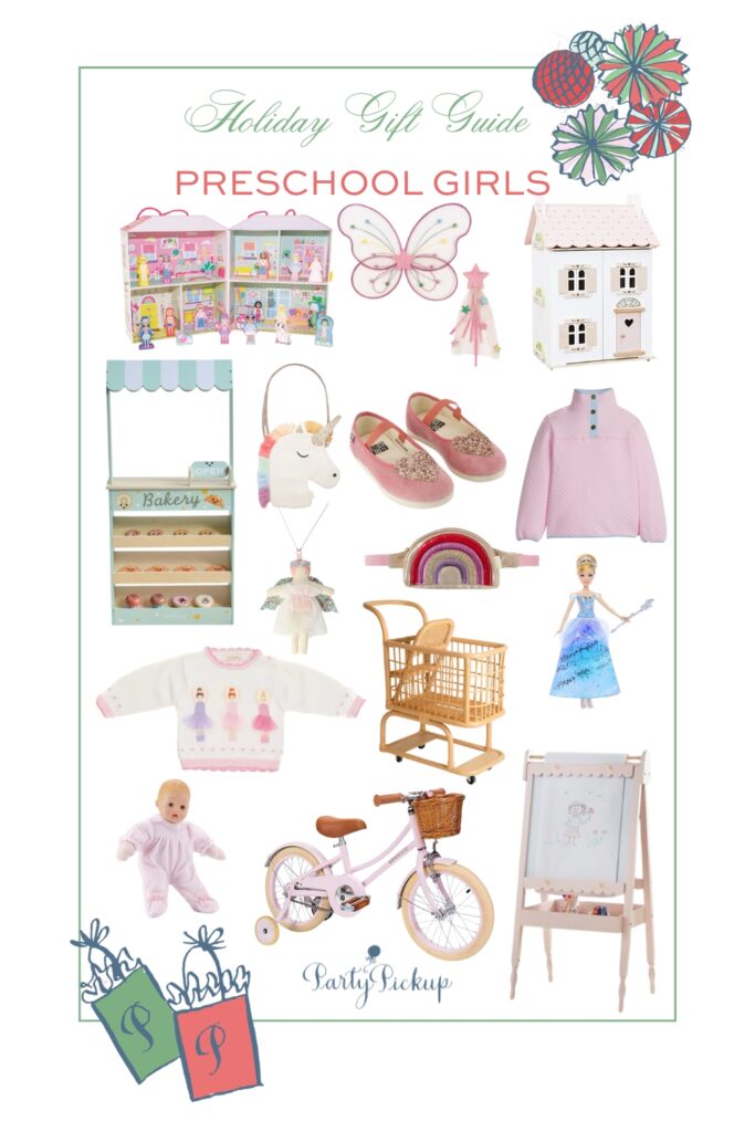Holiday gift guide for preschool girls featuring dollhouses, fairy costumes, and creative toys, and fun surprises.