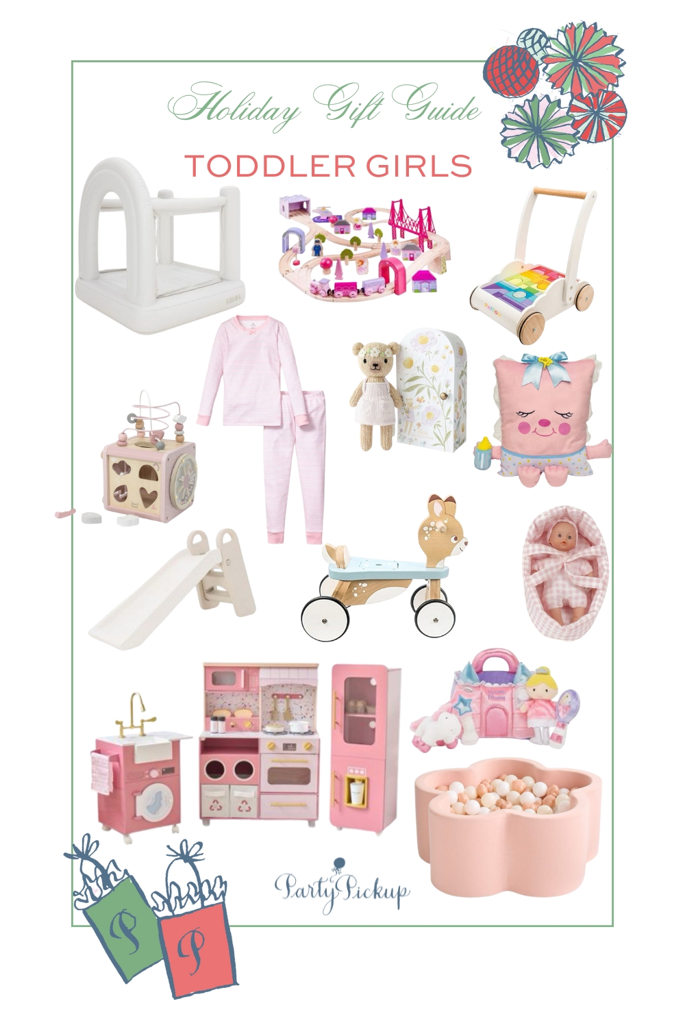 gifts for toddler girls including mini bounce house, striped pink pajamas, pink play kitchen, baby doll set, walker push toy, pink wooden train set.