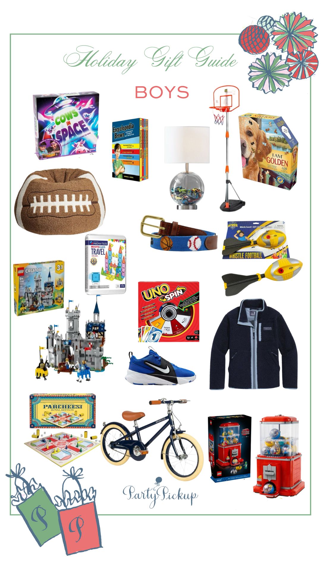 Product collage showcasing fun and popular holiday gift ideas for boys ages 5–10, including toys, games, books, and creative activities.
