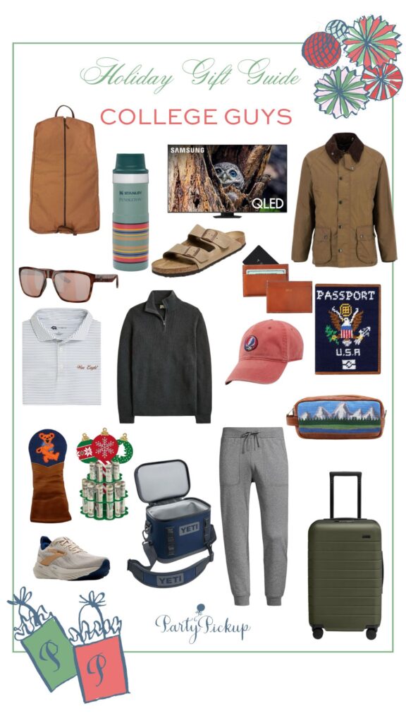 Holiday gift guide for college guys featuring stylish and practical gifts including Away carry-on luggage, Barbour jacket, half-zip sweater, jogger pants, small cooler, smart TV, polarized sunglasses, leather card case, toiletry bag, passport case, garment bag, Birkenstock sandals, and a Grateful Dead needlepoint hat perfect Christmas gifts for college students.