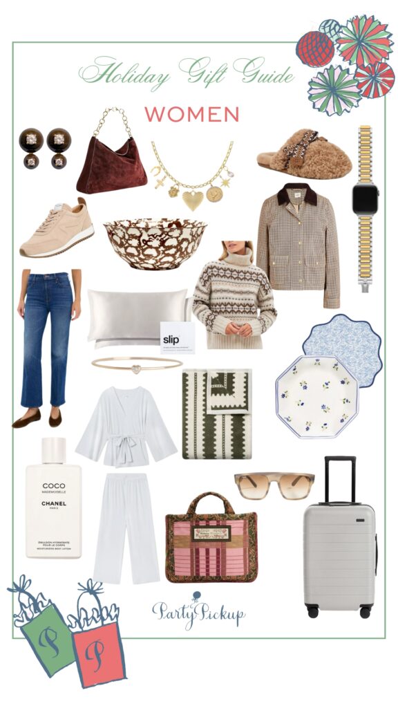 Holiday gift guide for women featuring cozy and classic favorites like Lake Pajamas, UGG Scuff slippers, Away carry-on luggage, Barbour sweater, Farm Rio tote, suede shoulder bag, Mother denim jeans, Rag & Bone sneakers, Tory Burch serving bowl, and Chanel body lotion—perfect thoughtful Christmas gifts for her.