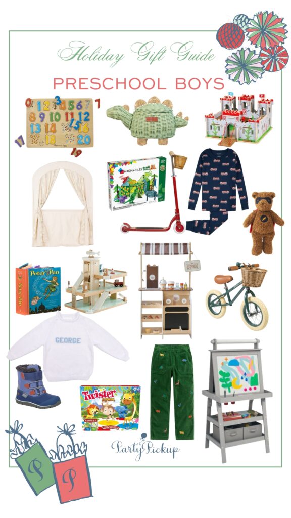 Holiday gifts for preschool boys featuring number puzzle, monogram sweater, wooden art easel, Peter Pan pop-up book, wooden castle, puppet theatre, dinosaur Magna-Tiles, and more thoughtful toy ideas.