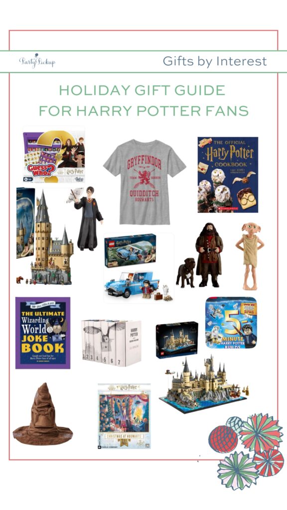Holiday gift guide for Harry Potter fans featuring games, Hogwarts-themed toys, clothing, and magical accessories for kids and teens."