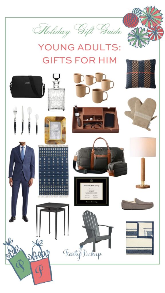 Holiday gift guide about gifts for him: young adult edition featuring Hulken laptop bag, Chappy wrap blanket, oven mitts, decorative pillows, wool kilim rug, classic sofa, flatware set, mugs for coffee, whisky decanter, cooking pot, suede slippers, picture frame, diploma frame, hanging toiletry bag, weekender bag, leather valet tray, quality towels, air fryer, Adirondack chairs, nesting tables, Peter Millar polo shirt, classic suit, cool lamp, and hamper for new apartment and career-ready young men.