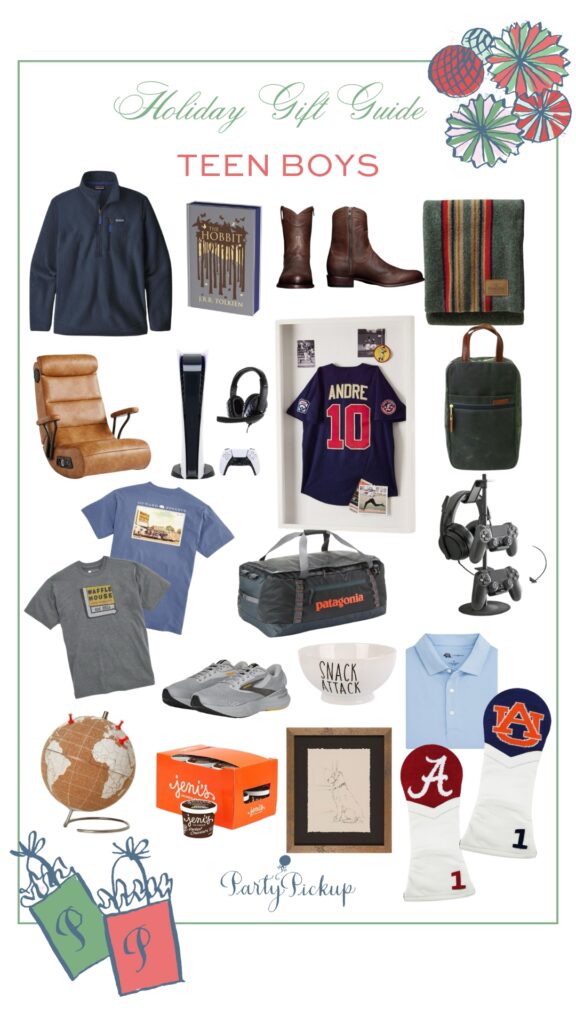 Holiday gift guide for teen boys featuring thoughtful and stylish gift ideas including a Pendleton throw, Patagonia duffle, Patagonia fleece pullover, Lululemon golf pullover, Tecovas boots, golf shoe bag, Auburn and Alabama headcovers, Brooks running shoes, polo shirt, Waffle House tee, gaming chair, PlayStation 5, gaming organizer, Power Grid Outpost strategy game, The Hobbit book, golden retriever art print, world traveler cork globe, sports shadow box wall art, snack attack bowl, and Jeni’s ice cream, perfect Christmas gifts for teenage boys.