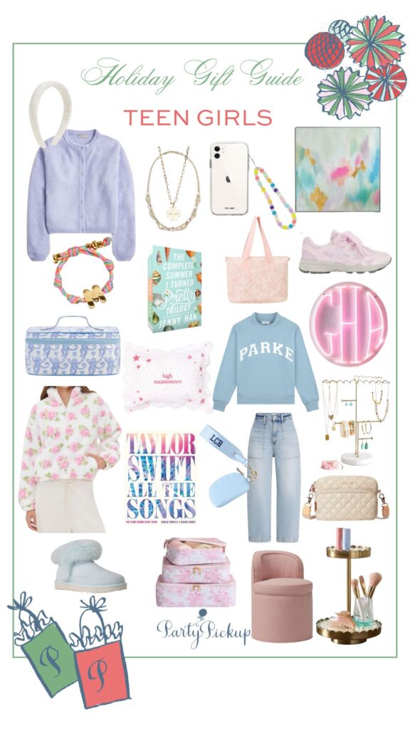 Holiday gift guide for teen girls featuring trendy fashion and cozy favorites : Parke sweatshirt, Tory Burch pendant necklace, Roller Rabbit carry all case, UGG slippers, vanity chair with storage, Taylor Swift book, and The Summer I Turned Pretty book set, perfect gift ideas for younger and older teen girls