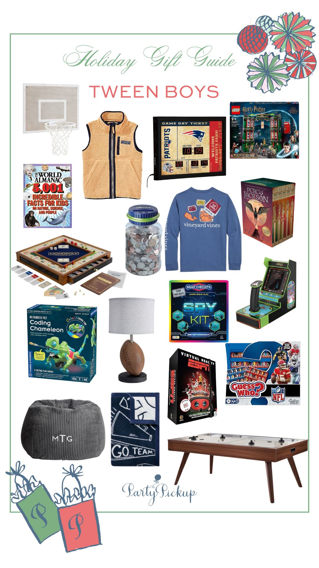 Product collage featuring top holiday gift ideas for tween boys including gadgets, games, sports gear, and creative toys perfect for ages 9–12.