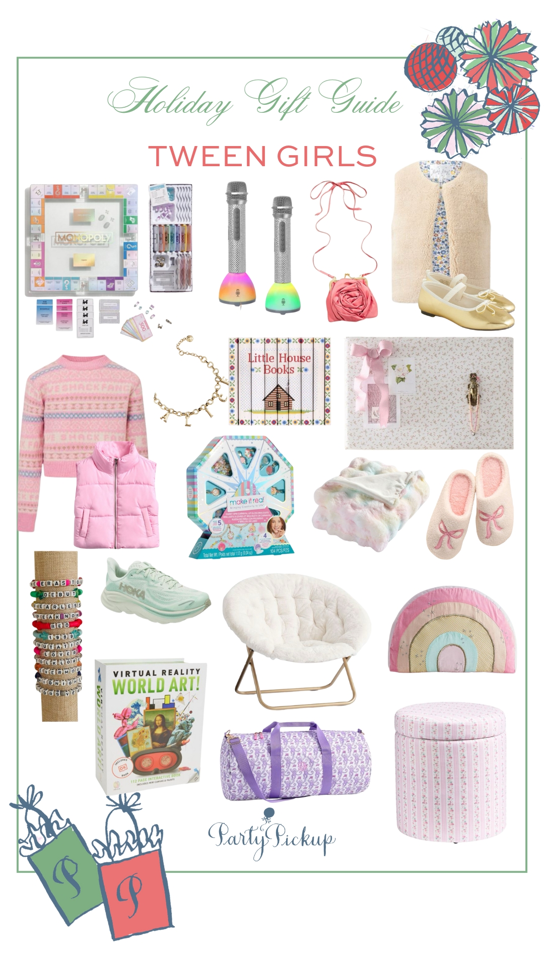 Holiday gift guide for tween girls featuring a pink Fair Isle sweater, karaoke microphone set, trendy jewelry sets, cozy plush chair, rainbow pillow, cute purse, Roller Rabbit pajamas, Taylor Swift–inspired friendship bracelets, and a pastel Monopoly set — perfect Christmas gifts for stylish and fun-loving tweens.