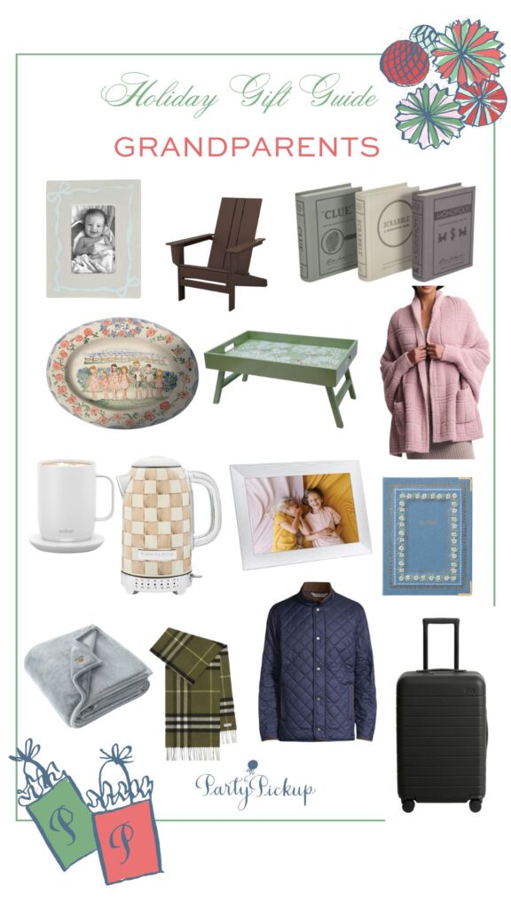 Holiday gift guide for grandparents featuring cozy and thoughtful gifts including a Barefoot Dreams women’s cardigan, Burberry cashmere scarf, UGG throw blanket, Ember mug, Moccamaster coffee maker, electric kettle, breakfast tray, Adirondack chair, fire pit, board game set, small photo album, bifold frame, digital photo frame, large custom platter with painted family members, family history book, floral scarf, bow photo frame, digital film scanner, Peter Millar men’s travel coat, golf Tervis tumbler, and Away luggage — perfect Christmas gift ideas for grandparents who love comfort, family, and style.