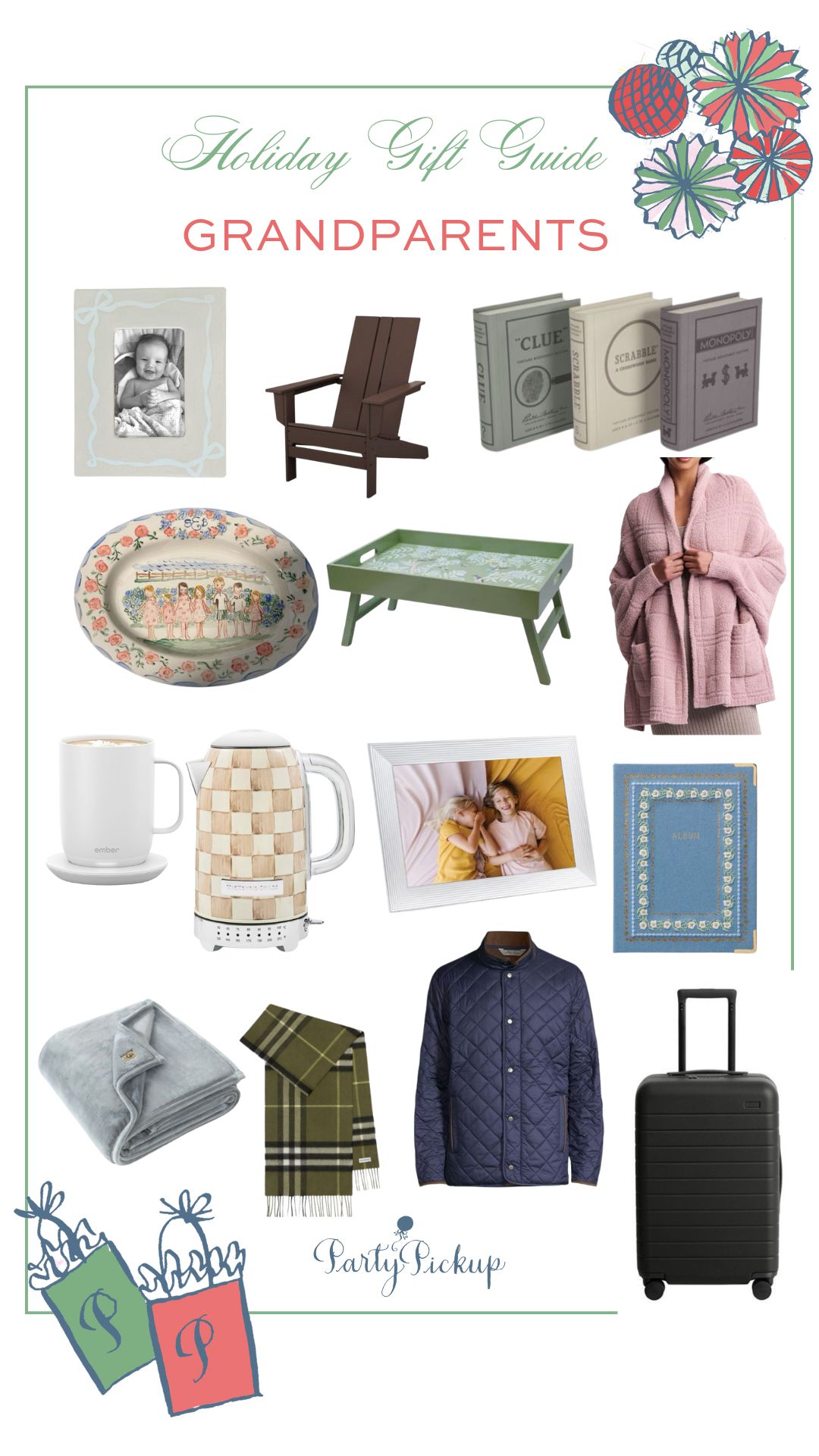 Holiday gift guide for grandparents featuring cozy and thoughtful gifts including a Barefoot Dreams women’s cardigan, Burberry cashmere scarf, UGG throw blanket, Ember mug, Moccamaster coffee maker, electric kettle, breakfast tray, Adirondack chair, fire pit, board game set, small photo album, bifold frame, digital photo frame, large custom platter with painted family members, family history book, floral scarf, bow photo frame, digital film scanner, Peter Millar men’s travel coat, golf Tervis tumbler, and Away luggage — perfect Christmas gift ideas for grandparents who love comfort, family, and style.