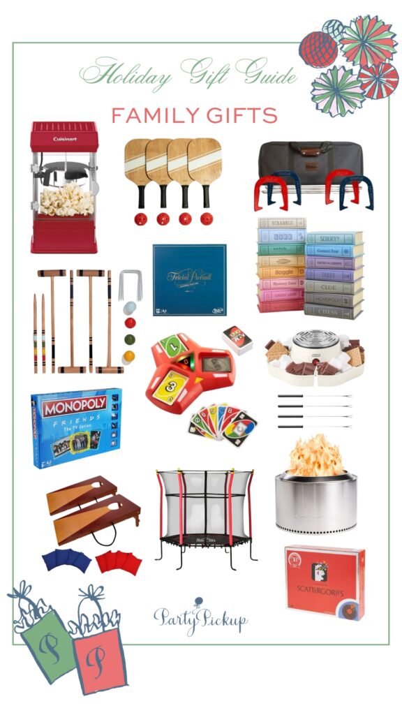 A cozy and fun holiday gift guide for families featuring classic board games, outdoor game sets, and cozy night favorites. Includes a board game collection, Scattergories, Parcheesi, Trivial Pursuit, Friends Monopoly, cornhole set, horseshoe set, croquet set, pickleball set, trampoline, Solo Stove fire pit set, s’mores maker, and Uno Triple Play card game—all perfect family gift ideas for creating lasting holiday memories.