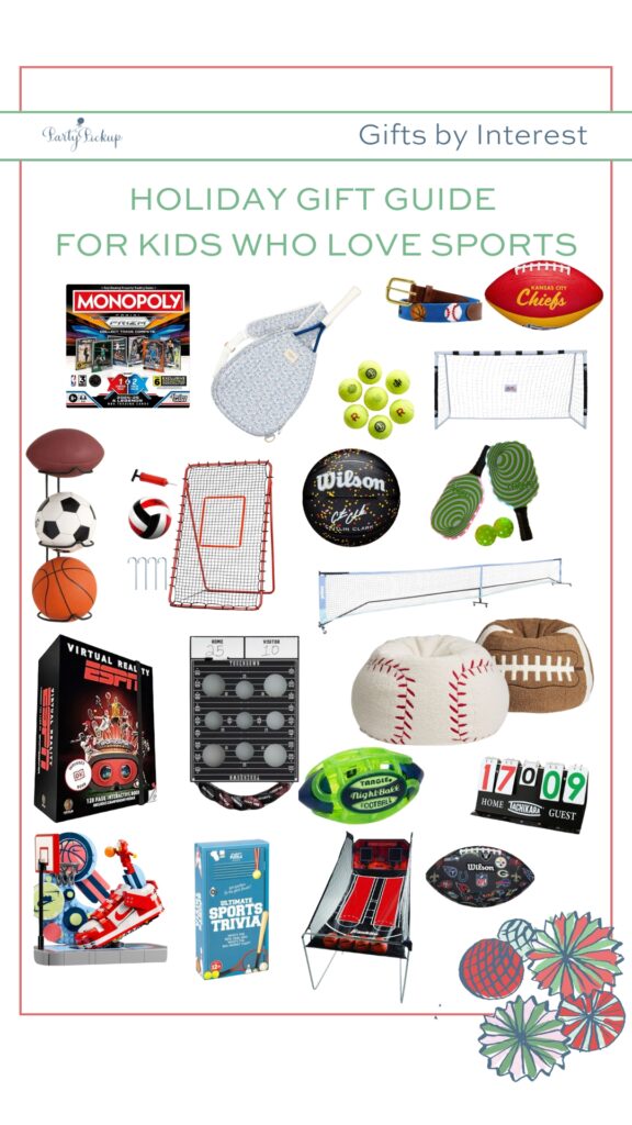 Product collage featuring top holiday gifts for kids who love sports, including a Caitlin Clark basketball, glow football, personalized tennis balls, volleyball rebounder net, pickleball set, sports trivia game, portable scoreboard, and baseball beanbag, perfect sports toys for ages 5–12 in 2025.