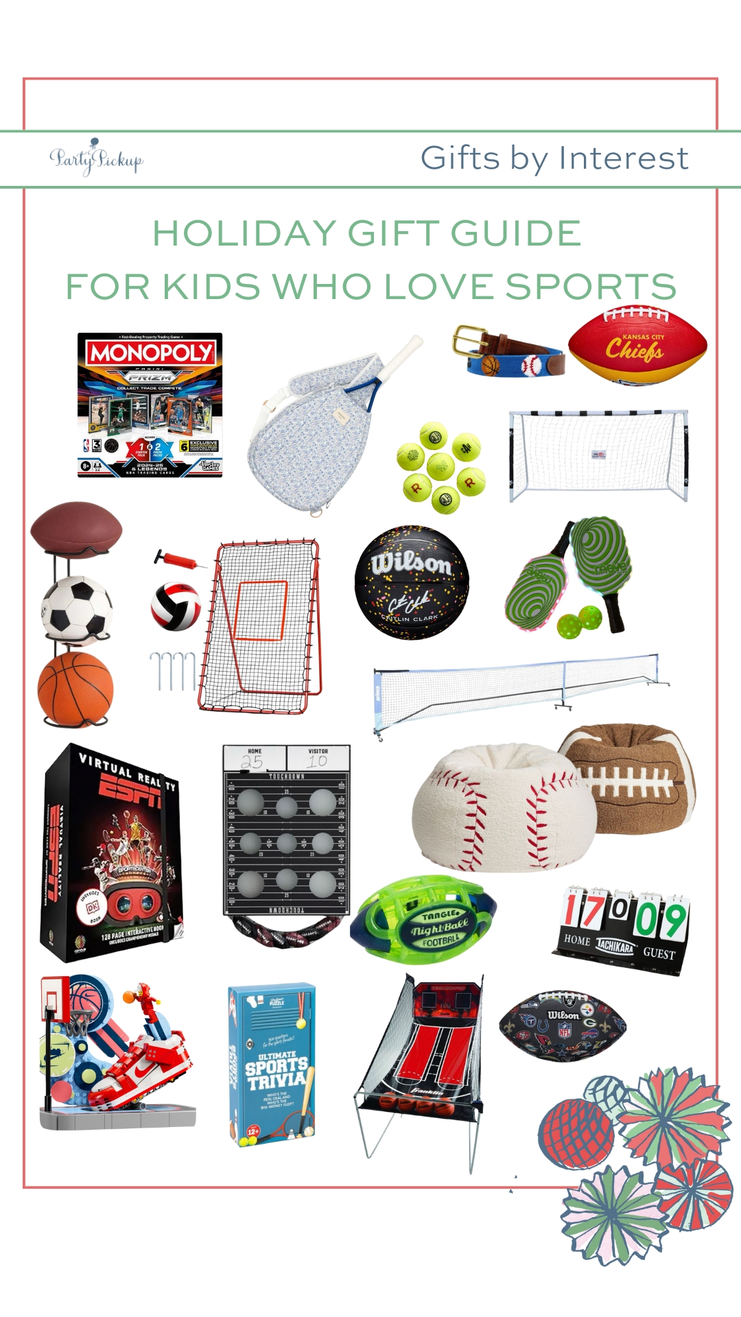 Collage of holiday gifts for kids who love sports, featuring a glow football, Caitlin Clark basketball, personalized tennis balls, volleyball rebounder, light-up pickleball set, sports trivia game, portable scoreboard, and baseball beanbag, top sports toys for ages 5–12 in 2025.