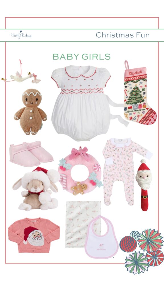 Product collage of Christmas finds for baby girls featuring a festive Christmas bubble outfit, Santa rattle, plush wreath toy, Christmas footie pajamas, keepsake Christmas ornament, bauble Christmas stocking, cozy Santa sweater, and other holiday baby essentials perfect for seasonal gifting and nursery decor.