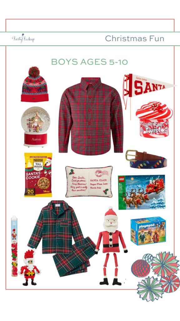 Product widget displaying Christmas essentials for boys ages 5–10, including a Plus-Plus Santa Tube, Rachel Riley Fair Isle sweater, plaid tartan pajamas with matching robe, Santa’s Sleigh LEGO set, plaid button-down shirt, festive stripe sausage dog Christmas cracker favors, gingerbread cupcake kit, Dear Santa accent pillow, Nike pom beanie, Christmas lights needlepoint belt, Santa’s Delivery Truck LEGO set, Vineyard Vines Christmas print pajama pants, and a Vineyard Vines Christmas tee.