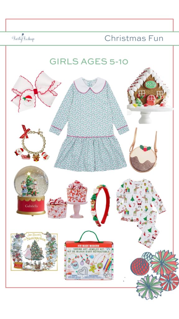 Product collage featuring Christmas essentials for girls ages 5–10, including a holly print dress, ruffle Christmas pajamas, toile print nightgown, nutcracker plush dolls, Santa hair bow, Christmas headband, Christmas pudding purse, shrink art jewelry kit, light-up musical snowglobe, premade gingerbread house, monogram Christmas ornaments, gingerbread hot chocolate cups, red bow knee socks, Christmas nail stickers, and a festive Christmas bracelet.
