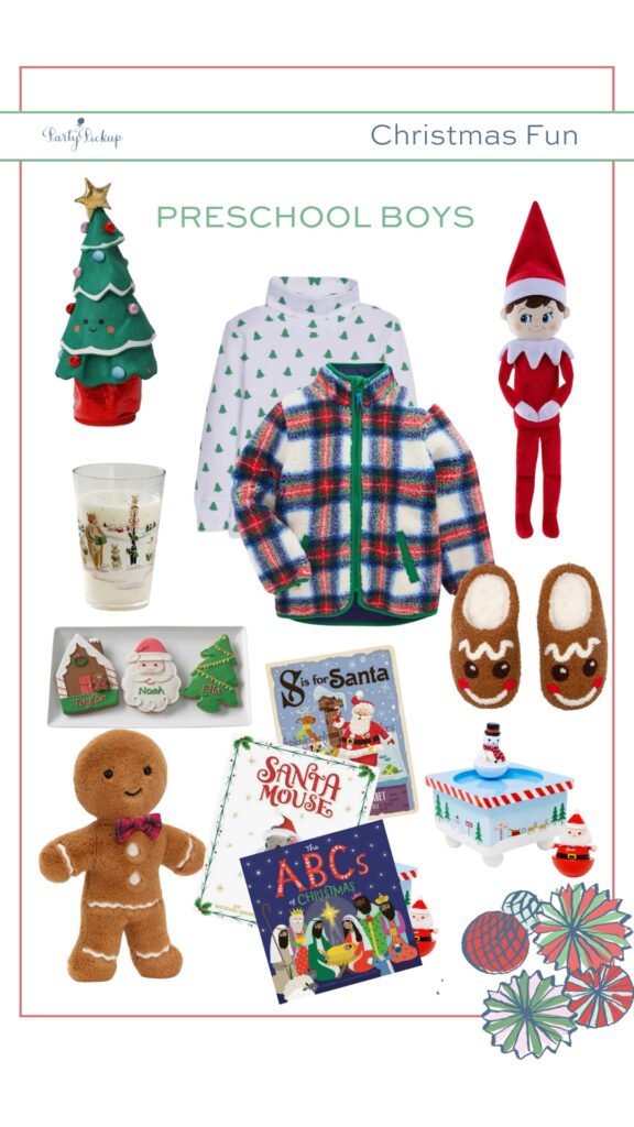 Product collage featuring fun Christmas items for preschool boys including a printed Christmas tree turtleneck, plaid cozy fleece jacket, S Is for Santa Christmas Alphabet book, ABCs of Christmas book, Jellycat gingerbread plush toy, plush Elf on the Shelf doll, dancing Santa and Frosty music box, and personalized Williams Sonoma Christmas cookies paired with Riley Sheehey Christmas tumblers, styled for festive December traditions.