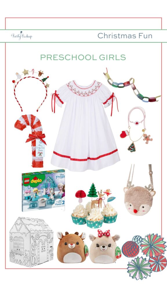 A curated collection of Christmas essentials for preschool girls, including a paper chain set, gingerbread cardboard playhouse, cupcake kit, festive headband, reindeer purse, Christmas pajamas, candy cane pinata, Christmas cookie necklace, white bishop dress trimmed in red, Santa purse, Frozen tea party LEGO set, and a cozy winter hat, perfect for creating playful, stylish, and memorable holiday moments.