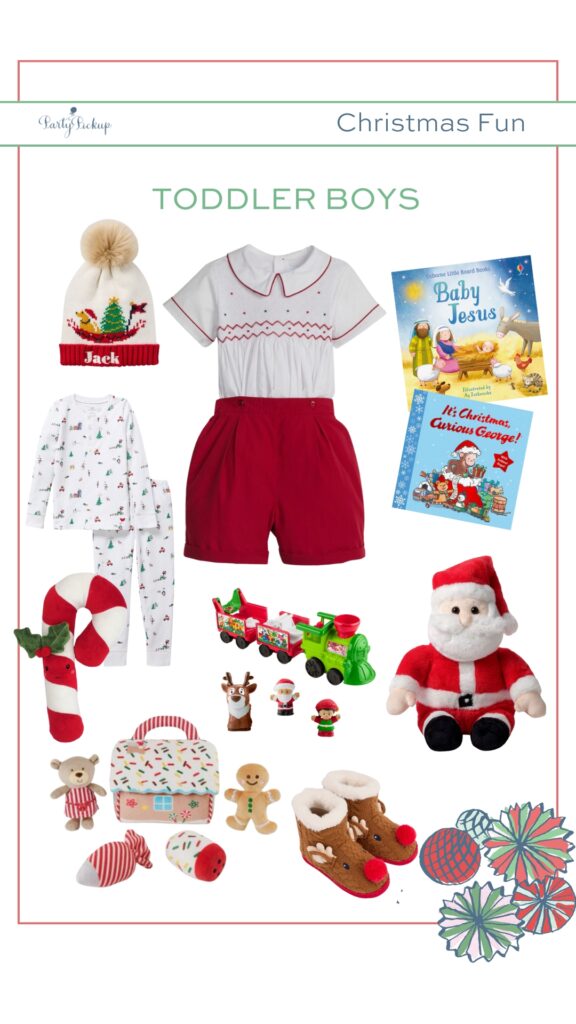 Christmas essentials for toddler boys including a smocked short set, plush Santa Claus, Christmas pajamas, Baby Jesus board book, Rudolph slippers, gingerbread house playset, Little People musical Christmas train, Curious George Christmas book, winter pom pom hat, and plush candy cane toy for festive December play and holiday joy.