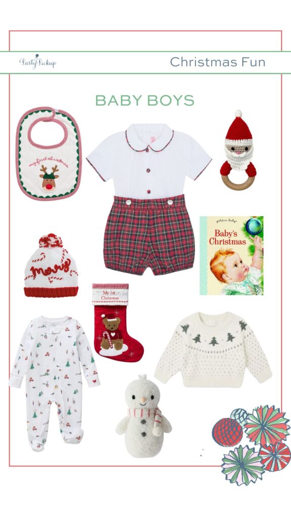 Festive Christmas finds for baby boys including a red tartan heirloom outfit, Santa rattle, Little Golden Book, My First Christmas bib, candy cane footie, first Christmas stocking, snowman stuffed animal, merry winter hat, lift-the-flap Christmas book, and Santa embroidered bubble, perfect for celebrating his first holiday season.