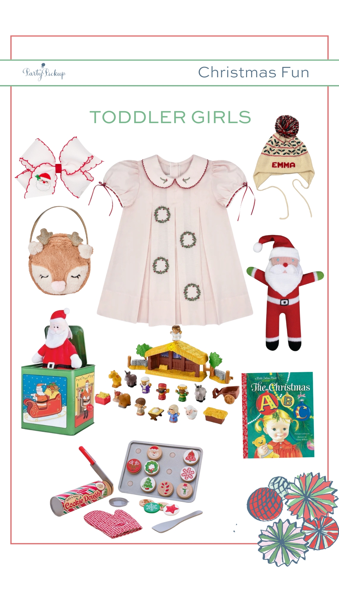 estive Christmas essentials for toddler girls including a pink wreath dress, holly berry winter hat, reindeer purse, Little People Nativity Set, Santa Jack in the Box, knit Santa toy, Christmas cookie play set, and Night Before Christmas Little Golden Book for holiday fun and December play.