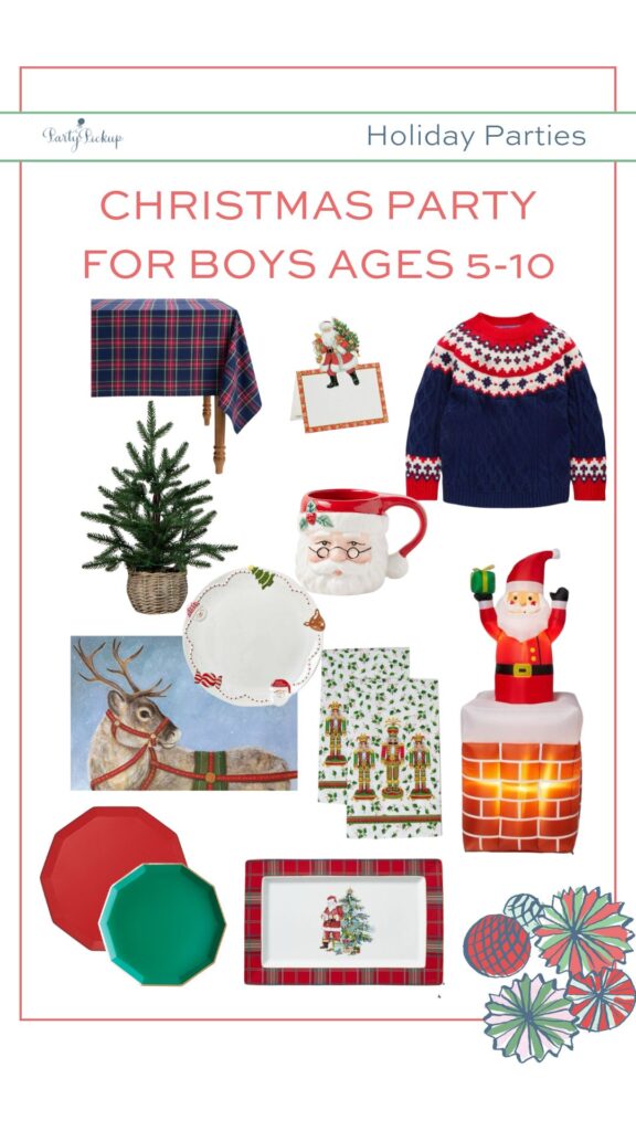 Product collage for a classic Christmas party for boys ages 5–7 featuring tartan plaid tableware, reindeer placemats, nutcracker napkins, Santa mugs, a prelit mini Christmas tree, and festive red and green decorations perfect for a timeless holiday celebration.
