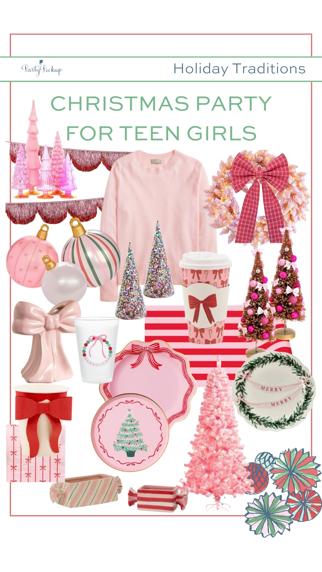 Festive Christmas party for teen girls featuring pre-lit pink Christmas tree, pink peppermint bow dinner plates, holiday candy bow vase, pink bow spreader set, bow-shaped napkins, red and pink bow paper cups, holiday garland cookie platter, pink tinsel scallop garland, and pink J.Crew sweater for a fun and girly holiday celebration.