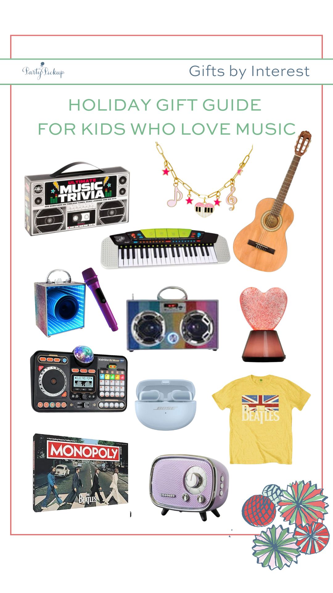 A holiday gift guide for kids who love music featuring fun and creative gift ideas like the Ultimate Music Trivia game, Acoustic Guitar for Kids, VTech Kidi Star DJ Mixer, Bling LED Boombox Speakers, Music Charm Necklace, Glitter Heart Bluetooth Speaker, The Beatles Monopoly Game, Keyboard for Kids, Beatles T-shirt, Portable Bluetooth Speaker, and Remember the Music Trivia Game — perfect holiday gifts to inspire young musicians ages 6–12.
