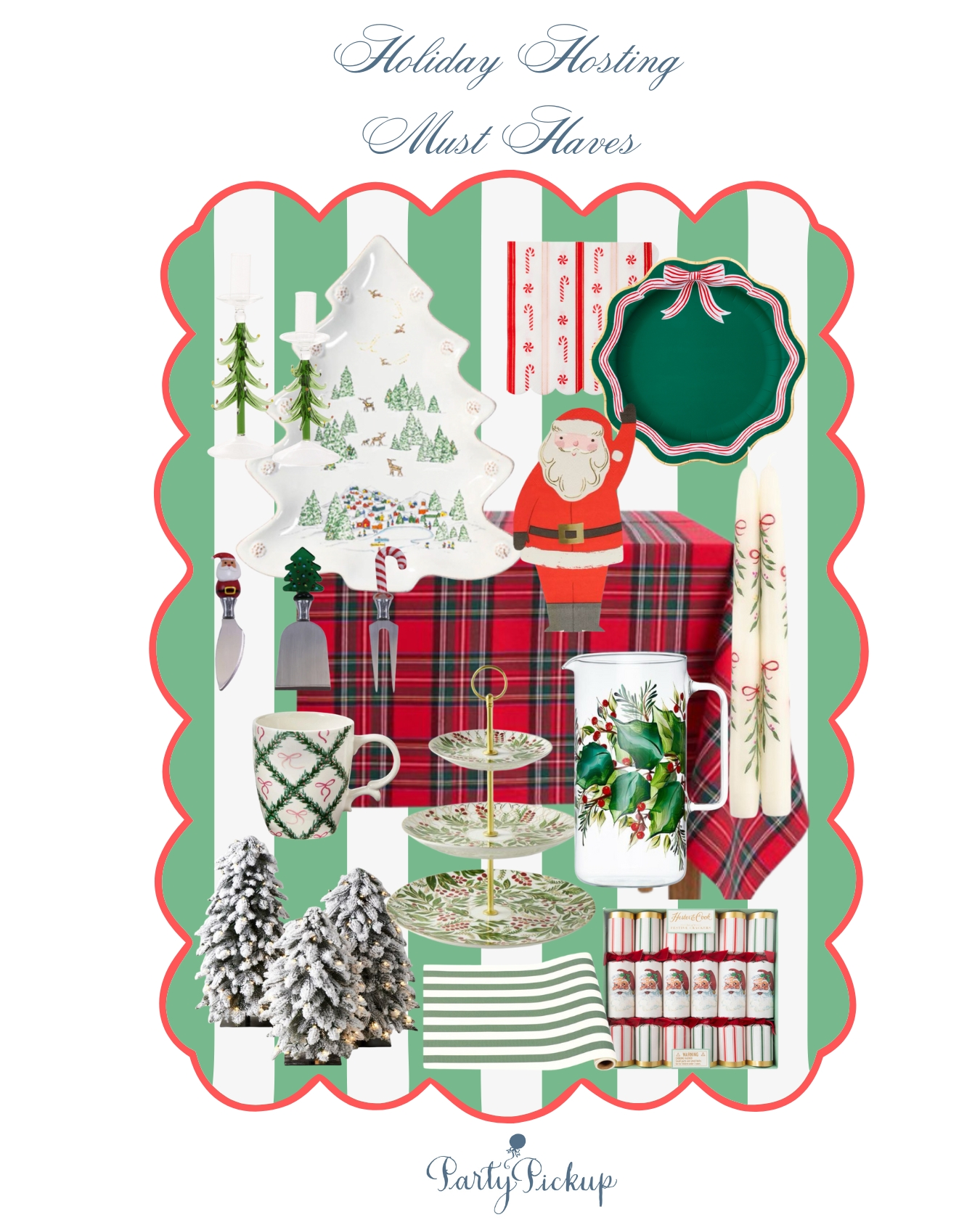Collage of Christmas entertaining essentials featuring holiday mugs, tiered serving stand, festive napkins, holiday pitcher, cheese knives, and plaid tablecloth for stylish holiday hosting.