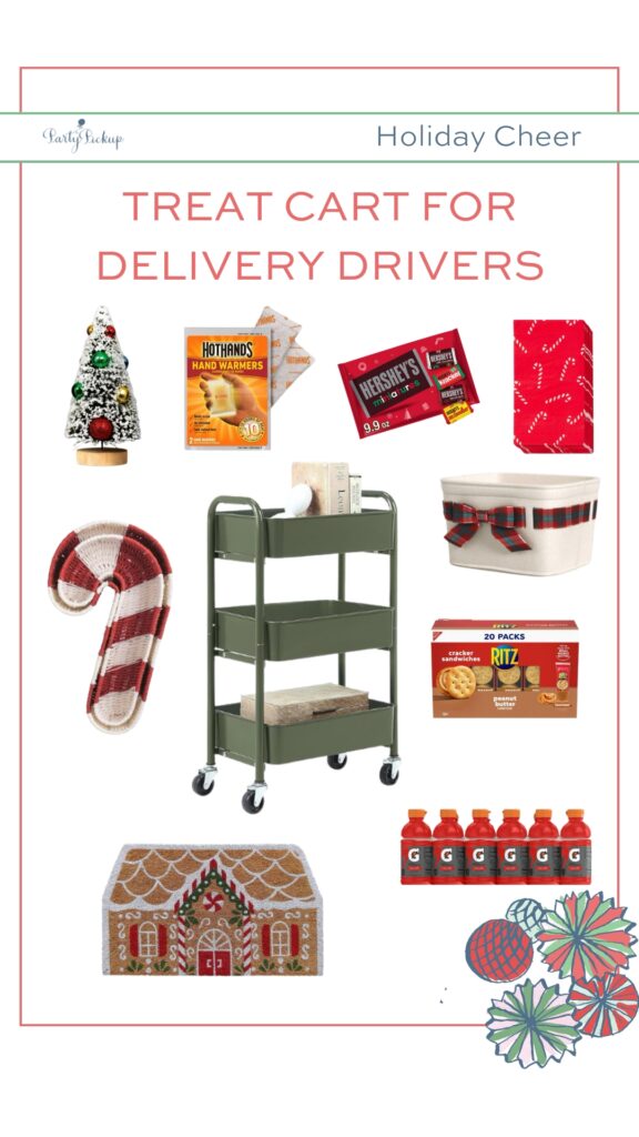 Christmas delivery driver treat cart collage featuring bottled water, snacks, candy, chips, granola bars, trail mix, and a festive laminated holiday sign.