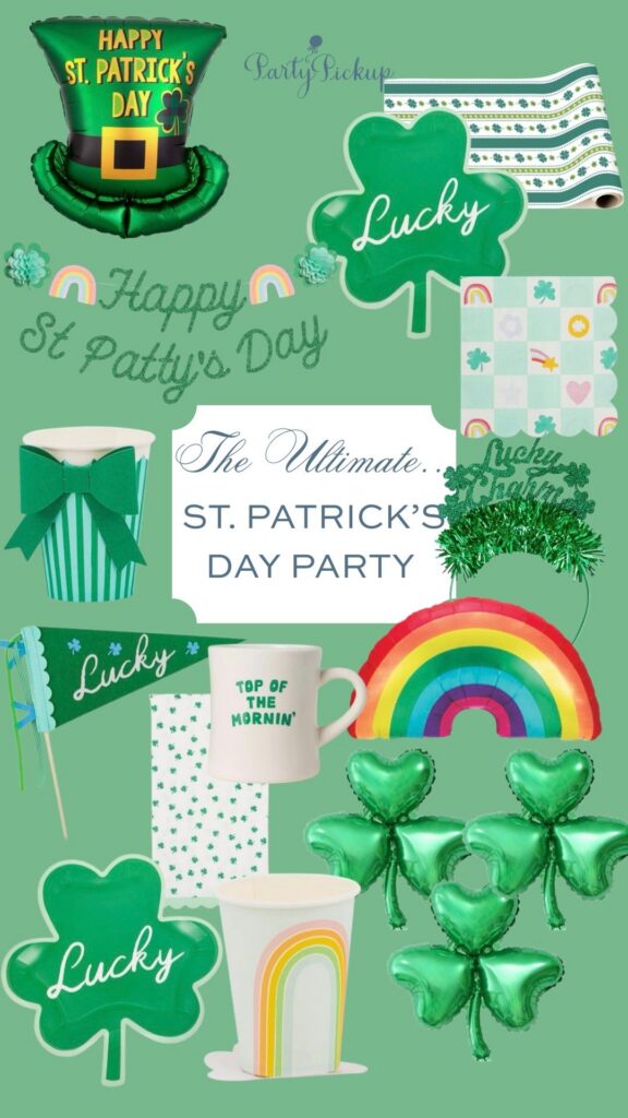 St. Patrick’s Day party table with green balloons, festive tableware, shamrock decorations, and kid friendly holiday party supplies for a cheerful spring celebration.