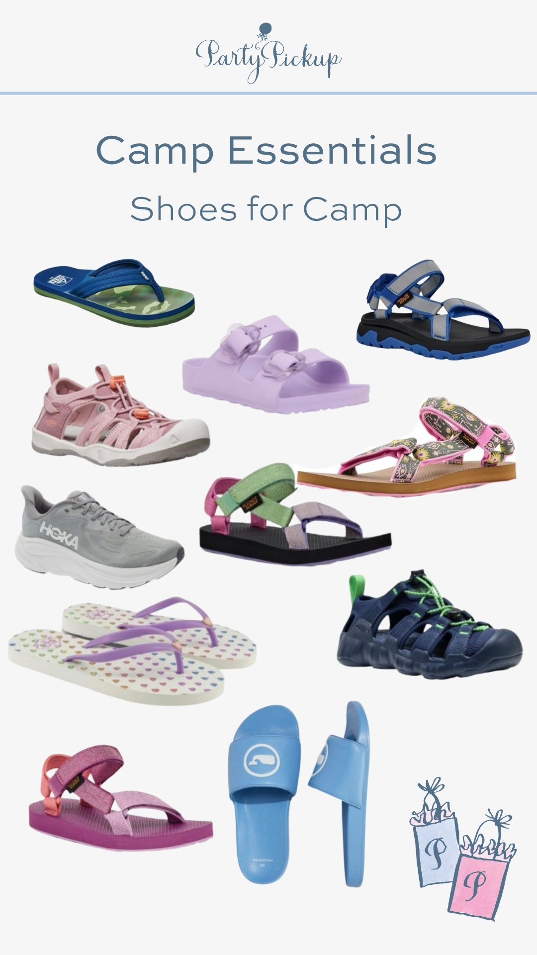 Summer camp shoe packing list featuring boys and girls footwear including Teva sandals, Crocs, Hoka athletic sneakers, slides, flip flops, and durable everyday camp shoes for hiking, swimming, cabin use, and outdoor summer camp activities.