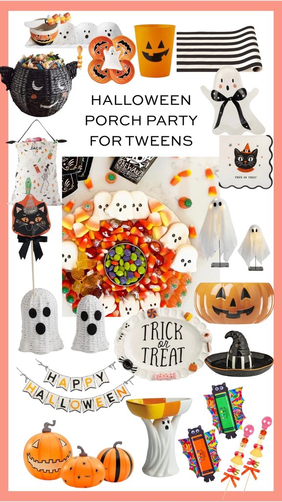 Halloween porch party ideas for tweens featuring Halloween tableware, trick-or-treat bags, serveware and festive decorations
