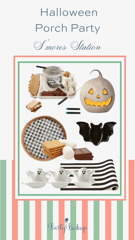 Halloween S'mores Station with ceramic pumpkin, indoors S'mores Maker, halloween tray, paper table runner, and ghost condiment tray.