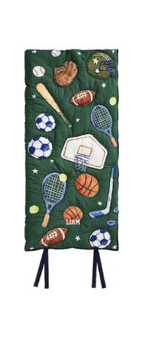 Sports-themed sleeping bag for boys’ sleepovers and camping trips