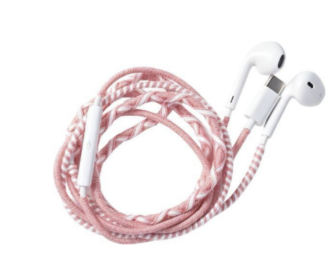 Cute pink wired earphones with a decorative wrapped design, perfect for teen girls.