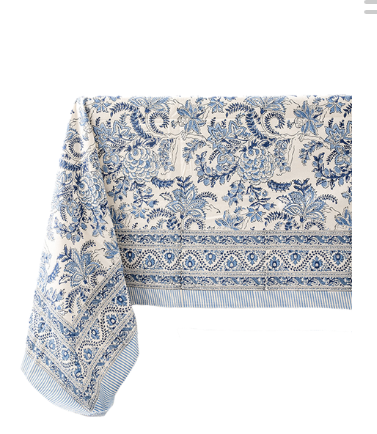 blue floral rectangular tablecloth for entertaining. gift for ladies holiday.