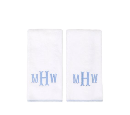 Set of two monogrammed hand towels, a personalized home gift for young adult women.