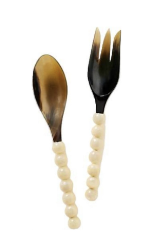 Natural horn resin salad servers, elegant serving utensils for everyday meals and entertaining.