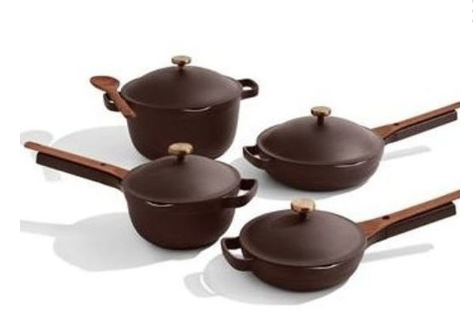 Our Place four-piece cookware set in dark espresso for a first apartment.