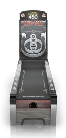 Home skee-ball arcade game for bringing classic arcade entertainment into a family game room.